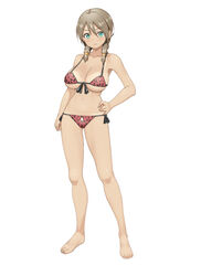  bare_arms bare_legs bare_shoulders barefoot bikini bikini_top breasts brown_hair cleavage feet female full_body green_eyes hand_on_hip highres large_breasts legs light_smile long_hair navel nightmare_express original simple_background smile solo standing tan tanline thighs thong toes twintails white_background 