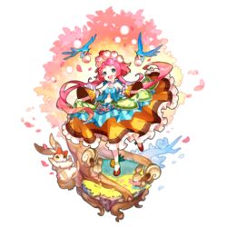  bird blue_eyes dragalia_lost female flower full_body hair_flower hair_ornament long_hair maribelle_(dragalia_lost) non-web_source official_art petals pink_hair plant_roots rabbit saitou_naoki solo squirrel transparent_background 