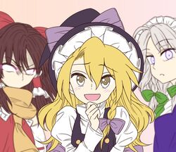  3girls :d angry ascot ayano_(ayn398) blonde_hair blurry blush bow braid brown_hair commentary depth_of_field glowing glowing_eyes green_ascot green_bow grey_hair hair_between_eyes hair_tubes hairbow hakurei_reimu hand_on_own_chin harukawa_moe_(style) hat hat_bow izayoi_sakuya jealous juliet_sleeves kirisame_marisa long_hair long_sleeves looking_at_viewer maid_headdress md5_mismatch multiple_girls open_mouth parted_lips pov puffy_sleeves purple_bow purple_eyes red_bow scarf short_hair single_braid smile touhou tsurime upper_body v-shaped_eyebrows witch_hat yellow_ascot yellow_eyes yellow_scarf 