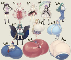  6+girls :t absurdres anatomical_nonsense animal_ears arm_cannon armpits arms_up barefoot black_footwear black_hair blonde_hair blue_dress blue_hair boots breast_hold breasts bust_chart cape cleavage clenched_hands commentary_request control_rod dress frown fujiwara_no_mokou gigantic_breasts gradient_hair green_eyes green_hair green_ribbons green_skirt hair_ribbon hat highres hijiri_byakuren himekaidou_hatate hole_on_body horns hoshiguma_yuugi huge_breasts inubashiri_momiji kamishirasawa_keine kochiya_sanae large_breasts long_hair lying multicolored_hair multiple_girls muneneko neckerchief necktie onozuka_komachi pants pink_eyes pink_hair pointy_ears purple_eyes purple_ribbon red_eyes red_pants reiuji_utsuho ribbon saigyouji_yuyuko sandals scroll shirt shoes short_hair single_horn skirt smile socks sorcerer&#039;s_sutra_scroll suspenders tail touhou two_side_up weapon white_background white_hair wings yasaka_kanako yatagarasu yellow_eyes zouri 