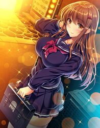  blush breast_press breasts brown_hair character_request curvy female female huge_breasts lilith-soft long_hair looking_at_viewer saijou_satoru school_uniform shiny shiny_hair shiny_skin skirt smile solo standing taimanin_asagi_battle_arena 