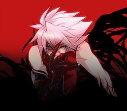  1boy bare_shoulders blazblue claws commentary_request darkness devoured_by_darkness flaming_eye fuki0422 glowing glowing_eye hand_on_own_face heterochromia male_focus photoshop_(medium) ragna_the_bloodedge red_background red_theme simple_background solo veins white_hair 