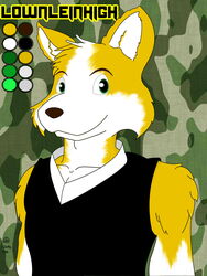  anthro brown_nose bust_portrait camo canid canine canis clothed clothing collarbone color_swatch fur green_eyes hi_res looking_at_viewer lownleinhigh male mammal portrait simple_background sleeveless_shirt smile solo white_body white_fur wolf yellow_body yellow_fur 