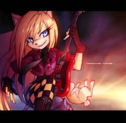  ann-jey anthro black_clothing black_gloves black_handwear clothing eulipotyphlan fan_character female fur gitz_the_hedgehog gloves guitar hair handwear hedgehog long_hair mammal musical_instrument plucked_string_instrument rabbit_plushie red_guitar rockstar sega smile solo sonic_the_hedgehog_(series) string_instrument yellow_body yellow_fur 