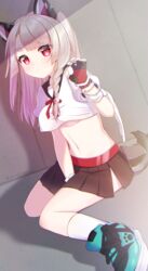  animal_ears azur_lane bad_id bad_pixiv_id between_legs black_gloves black_skirt blue_footwear blue_nails blush braid breasts claw_pose closed_mouth commentary_request crop_top crop_top_overhang dutch_angle female fingernails gloves hand_between_legs hand_up highres kneehighs kuma_no_yume light_brown_hair long_hair looking_at_viewer medium_breasts multicolored_nails nail_polish navel one_side_up pink_nails pleated_skirt puffy_short_sleeves puffy_sleeves red_eyes school_uniform serafuku shirt shoes short_sleeves side_braid sitting skirt socks solo tail thick_eyebrows twitter_username underboob white_shirt white_socks wolf_ears wolf_girl wolf_tail yuudachi_(azur_lane) 