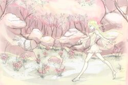  ass bad_anatomy bad_id bad_pixiv_id barefoot blonde_hair breasts bush closed_eyes collarbone dress female fingernails flower grass hair_ribbon hat highres legs light_smile long_hair long_legs long_sleeves medium_breasts nature neck outdoors parted_lips ribbon rock shiba_(sonodakengo) shoes short_dress sky solo tabard_removed taut_clothes taut_dress thighs touhou tree unworn_hat unworn_headwear unworn_shoes wading water white_dress wide_sleeves yakumo_yukari 