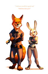  anthro breasts canid canine clothing disney duo female fox fur green_eyes grey_body grey_fur hi_res judy_hopps kemono lagomorph leporid long_ears male mammal nick_wilde nviek5 one_eye_closed orange_body orange_fur police police_uniform purple_eyes rabbit red_fox text true_fox uniform wink zootopia 