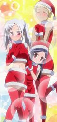  1boy 2girls blonde_hair blush breasts brown_eyes crossdressing gloves kyouran_kazoku_nikki large_breasts long_hair midarezaki_chika midarezaki_ginka midarezaki_yuuka midriff multiple_girls red_eyes santa_costume screencap skirt smile stitched thighhighs twintails white_hair 