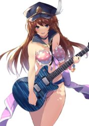  bad_id bad_pixiv_id bead_bracelet beads bikini blue_eyes bracelet braid breasts brown_hair cowboy_shot electric_guitar feathers female floating_hair frilled_bikini frills granblue_fantasy guitar hat hat_feather highres holding holding_instrument instrument jewelry lecia_(granblue_fantasy) lecia_(summer)_(granblue_fantasy) long_hair looking_at_viewer medium_breasts open_mouth peaked_cap pink_bikini police_hat polka_dot simple_background smile solo swimsuit ultone_(neisiss) white_background 