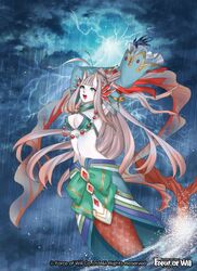  bad_id bad_pixiv_id banamons blue_eyes breasts cleavage cloud cloudy_sky company_name electricity female force_of_will gloves horns jewelry long_hair medium_breasts mermaid monster_girl multicolored_hair necklace official_art open_mouth pale_skin rain red_hair shaela_(force_of_will) sky solo teeth two-tone_hair water white_hair 