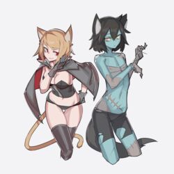  2girls animal_ears bike_shorts black_gloves black_hair black_legwear black_panties blonde_hair blue_skin breasts bustier cape cat_ears cat_tail cleavage colored_skin commentary_request cropped_legs deel_(rkeg) earrings flat_chest gloves halloween halloween_costume highres jewelry large_breasts lisa_(deel) long_hair looking_at_viewer multiple_girls original panties ramn red_eyes sarashi scar short_hair shorts smile tail thighhighs torn_clothes torn_shorts underwear white_background yellow_eyes 