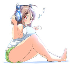  ahoge bare_shoulders barefoot breast_press breasts brown_hair female female headphones huge_breasts legs mikomu music on_ground original plump red_eyes shirt short_hair sideboob simple_background sitting solo white_background 