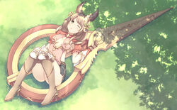  animal_ears ass boots breasts brown_gloves brown_hair commentary_request day erune female gloves granblue_fantasy hair_ornament high_heel_boots high_heels huge_weapon knee_boots knees_together_feet_apart la_coiffe_(granblue_fantasy) leaf_hair_ornament long_hair looking_at_viewer lying medium_breasts miniskirt on_back one_eye_closed open_mouth outdoors oversized_object poru_(naasan) puffy_short_sleeves puffy_sleeves scissors shadow short_sleeves sideless_outfit skirt solo weapon 