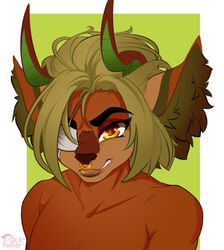  anthro brown_body brown_fur eye_patch eyewear facial_piercing fluffy_ears fur green_hair hair horn low_res nose_piercing nose_ring pacevanrign piercing ring_piercing solo wilderkin yellow_eyes 