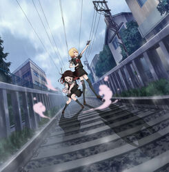  2girls asagiri_aya black_hair black_shirt black_skirt black_socks black_thighhighs blonde_hair bow bowtie brown_eyes brown_footwear building cellphone cloud cloudy_sky day fence grass gun highres house key_visual kneehighs loafers long_hair mahou_shoujo_site multiple_girls official_art open_mouth orange_eyes outdoors phone pleated_skirt promotional_art railroad_tracks rain red_bow red_bowtie sailor_collar school_uniform shibuya_sakae shirt shoes short_hair skirt sky smartphone socks takanoori_middle_school_uniform thighhighs tree weapon white_sailor_collar yatsumura_tsuyuno 