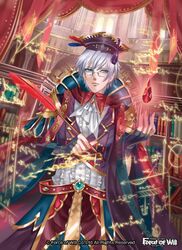  1boy alisaris_(force_of_will) bad_id bad_pixiv_id banamons belt blue_eyes book company_name feathers fingerless_gloves force_of_will gem glasses gloves hat magic male_focus official_art pencil solo white_hair 