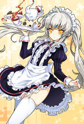  apron chocolate commentary_request cookie cup dutch_angle elsword eve_(elsword) facial_mark female food forehead_jewel fruit hair_between_eyes highres holding long_hair looking_at_viewer maid maid_apron maid_headdress poseich shiny simple_background solo standing strawberry teacup teapot thighs yellow_eyes 