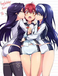  3girls :o ass black_hair black_legwear blue_hair blush character_name closed_eyes commentary_request dated double_cheek_kiss futaba_aoi_(vividred_operation) girl_sandwich hairband happy_birthday highres hug isshiki_akane kissing kissing_cheek kuroki_rei long_hair looking_at_viewer michairu multiple_girls national_shin_ooshima_school_uniform open_mouth photoshop_(medium) red_eyes red_hair sandwiched school_uniform short_hair short_shorts shorts surprise_kiss surprised thighhighs twintails vividred_operation yuri 