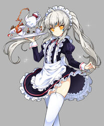  absurdres apron commentary_request cookie cup elsword eve_(elsword) facial_mark female food forehead_jewel hair_between_eyes highres holding long_hair looking_at_viewer maid maid_apron maid_headdress poseich shiny simple_background solo standing teacup teapot thighs yellow_eyes 