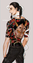  1boy arms_at_sides ass back_tattoo bare_shoulders black_gloves black_hair black_pants character_name chinese_commentary closed_eyes commentary_request dkaki eyepatch full-body_tattoo gloves grey_background highres majima_goro male_focus mouth_hold pants photoshop_(medium) ponytail ryuu_ga_gotoku_(series) ryuu_ga_gotoku_0 snake solo tattoo tongue tongue_out unworn_eyepatch white_snake yellow_eyes 