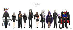  5girls 6+boys absurdres ahoge alternate_costume animal_ears bead_necklace beads bespectacled black_bow black_hair black_jacket black_pants black_pantyhose black_skirt blonde_hair blue_eyes bow brown_hair business_suit commentary_request dark-skinned_female dark-skinned_male dark_skin dress earrings facepaint facial_mark fate/grand_order fate/zero fate_(series) formal geronimo_(fate) glasses gloves hairbow hat helena_blavatsky_(fate) highres hoop_earrings irisviel_von_einzbern irisviel_von_einzbern_(caster) jackal_ears jacket jacket_on_shoulders jewelry leonardo_da_vinci_(fate) lion lion_boy lion_hair long_hair lord_el-melloi_ii_case_files low-tied_long_hair makeup mephistopheles_(fate) merlin_(fate) multiple_boys multiple_girls native_american necklace necktie nitocris_(fate) pants pantyhose pencil_skirt purple_hair red_eyes scarf shimaneko short_hair sidelocks skirt skirt_suit smile standing suit thomas_edison_(fate) very_long_hair waver_velvet white_hair white_scarf wolfgang_amadeus_mozart_(fate) xuangzang_sanzang_(fate) 