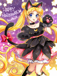  :p alternate_costume animal_ears animal_hands artist_name bishoujo_senshi_sailor_moon black_dress black_footwear black_neckwear blonde_hair bloomers blue_eyes boots bow cat_ears cat_tail choker commentary_request crescent crescent_brooch crescent_earrings double_bun dress earrings fake_animal_ears female gloves gradient_background hair_bun halloween happy_halloween jewelry knee_boots layered_dress long_hair looking_at_viewer parted_bangs paw_gloves pink_skirt purple_background red_bow shirataki_kaiseki skirt smile solo star_(symbol) tail tail_bow tail_ornament tongue tongue_out tsukino_usagi twintails underwear white_bloomers yellow_background 