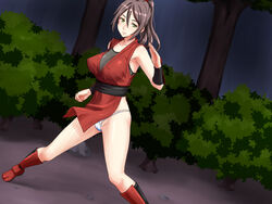  breasts brown_hair erect_nipples female fighting_stance floating_hair forest fundoshi gauntlets green_eyes highres large_breasts legs long_hair looking_at_viewer nightmare_express ninja original outdoors ponytail shimano_natsume sleeveless smile solo standing thighs trees 