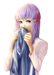  commentary_request fate/stay_night fate_(series) female hair_ribbon highres hood hoodie long_hair matou_sakura mituki purple_eyes purple_hair ribbon solo 