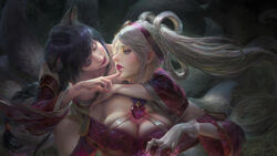  2girls ahri_(league_of_legends) animal_ears arm_around_neck bare_shoulders black_hair blue_eyes braid breasts brooch cleavage commentary couple crown_braid dated dress energy eyelashes eyeshadow facial_mark finger_to_face fingernails floating_hair fox_ears fox_tail glitter gloves hair_rings hairband half-closed_eyes head_tilt highres hug hug_from_behind jewelry lace lace-trimmed_gloves lace_trim large_breasts league_of_legends lips lipstick long_fingernails long_hair looking_at_another magic makeup multiple_girls multiple_tails nail_polish off-shoulder_dress off_shoulder parted_lips photoshop_(medium) pink_dress pink_lips red_nails signature single_braid sona_(league_of_legends) sweetheart_sona swept_bangs tail whisker_markings white_gloves white_hair wide_sleeves yu-han_chen yuri 