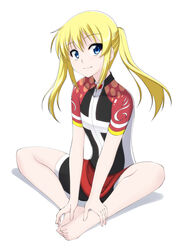  bare_legs barefoot bike_jersey bike_shorts black_shorts blonde_hair blue_eyes closed_mouth commentary_request cycling_uniform feet female flat_chest full_body hands_on_feet highres holding_own_foot knees_apart_feet_together long_hair long_riders! looking_at_viewer oerba_yun_fang saijou_hinako shadow short_sleeves shorts sidelocks simple_background sitting solo spread_legs toes tomcat twintails white_background 