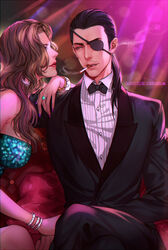  1boy black_hair black_pants bracelet brown_eyes brown_hair chinese_commentary cigarette commentary_request crossed_legs dkaki earrings english_text eye_contact eyepatch facial_hair female formal hand_on_leg indoors jewelry lipstick looking_at_another majima_goro makeup nail_polish pants photoshop_(medium) ponytail purple_nails ring ryuu_ga_gotoku_(series) ryuu_ga_gotoku_0 sitting smoking stubble 