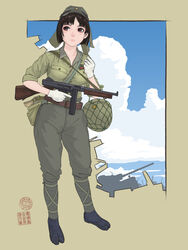  absurdres belt black_hair brown_eyes cigarette commentary_request female full_body gloves gun hat helmet highres holding holding_gun holding_weapon imperial_japanese_army jika-tabi military military_hat military_uniform original puttee sino_(mechanized_gallery) sleeves_rolled_up solo submachine_gun thompson_submachine_gun trigger_discipline uniform unworn_headwear unworn_helmet weapon world_war_ii 