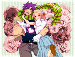  1boy bandana blonde_hair commentary_request couple female gloves husband_and_wife jacket jojo_no_kimyou_na_bouken joseph_joestar joseph_joestar_(young) pointing purple_eyes purple_hair scarf straight suzi_q torihuhu 