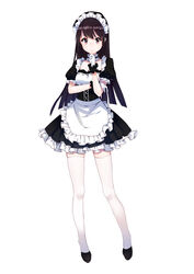  absurdres apron black_dress black_footwear black_hair brown_eyes closed_mouth commentary dress female frilled_apron frilled_sleeves frills full_body gloves hand_on_own_chin hand_up highres iiiroha legs_apart light_smile long_hair looking_at_viewer maid maid_headdress original photoshop_(medium) puffy_short_sleeves puffy_sleeves shoes short_sleeves simple_background solo standing straight_hair thighhighs waist_apron white_background white_gloves white_thighhighs zettai_ryouiki 