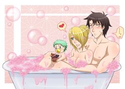  2boys bath bathing beelzebub_(manga) blonde_hair breasts brown_hair female green_eyes green_hair hilda_(beelzebub) karoll_ann multiple_boys oga_tatsumi tagme 