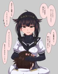  admiral_(kancolle) ahoge black_hair breasts brown_eyes commentary_request female gloves hairband hand_on_another&#039;s_head hatsuzuki_(kancolle) headpat highres hug kantai_collection military military_uniform school_uniform senshiya serafuku short_hair skirt small_breasts translated uniform 