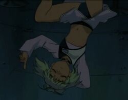  00s animated animated bandai bare_legs blonde_hair breasts closed_eyes curvy dark_skin female female floating geneshaft gravity long_hair looking_at_viewer panties ponytail small_breasts solo spread_legs talking tiki_musicanova underwear 