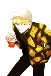  1boy bad_id bad_pixiv_id baseball_cap blonde_hair cosplay cup fate/stay_night fate_(series) gary_unwin gary_unwin_(cosplay) gilgamesh_(fate) hat jisue10 kingsman:_the_secret_service male_focus red_eyes short_hair solo 