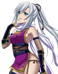  armor black_ribbon blue_eyes breasts cowboy_shot detached_sleeves hair_ribbon high_ponytail japanese_armor kote la_folia_rihavein long_hair medium_breasts ninja parted_lips ribbon sideboob silver_hair smile solo standing strike_the_blood thighhighs transparent_background 