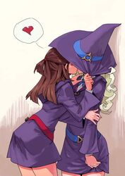  2girls absurdres archvermin belt blonde_hair brown_hair commentary diana_cavendish dress english_commentary hat hat_over_eyes hat_tug heart hidden_face highres kagari_atsuko kissing little_witch_academia long_hair multiple_girls pulling_another&#039;s_clothes shared_hat spoken_heart witch witch_hat yuri 