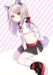  animal_ears azur_lane bad_id bad_pixiv_id between_legs black_gloves black_skirt blue_footwear blue_nails blush braid breasts claw_pose closed_mouth crop_top crop_top_overhang diagonal_stripes dutch_angle female fingernails gloves hand_between_legs hand_up highres kneehighs kuma_no_yume light_brown_hair long_hair looking_at_viewer medium_breasts multicolored_nails nail_polish navel one_side_up pink_nails pleated_skirt puffy_short_sleeves puffy_sleeves red_eyes school_uniform serafuku shirt shoes short_sleeves side_braid sitting skirt socks solo star_(symbol) striped striped_background tail thick_eyebrows twitter_username underboob white_shirt white_socks wolf_ears wolf_girl wolf_tail yuudachi_(azur_lane) 