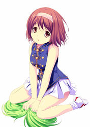  arm_support brown_eyes brown_hair cheerleader commentary_request female full_body hairband kaho_(sister_princess) katori_(mocchidou) looking_at_viewer pom_pom_(cheerleading) shoes short_hair simple_background sister_princess sitting skirt sneakers socks solo v_arms wariza white_background 