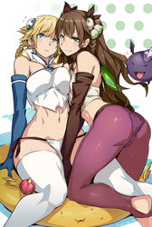  2girls ass asymmetrical_docking baddie_(p&amp;d) bare_shoulders barefoot blonde_hair blue_eyes blush braid breast_press breasts brown_hair elbow_gloves feet flat_chest gloves green_eyes hair_ornament kurowa large_breasts leggings long_hair looking_at_viewer multiple_girls navel panties puzzle_&amp;_dragons shynee_(p&amp;d) single_braid sitting sitting_on_person smile soles string_panties thighhighs thighs toeless_legwear underwear valkyrie_(p&amp;d) water_valkyrie_(p&amp;d) wide_hips wood_valkyrie_(p&amp;d) 