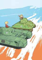  2girls blonde_hair blue_eyes churchill_(tank) commentary_request darjeeling_(girls_und_panzer) emblem girls_und_panzer kay_(girls_und_panzer) long_hair m4_sherman military military_vehicle motor_vehicle multiple_girls numazoko_namazu saunders_(emblem) saunders_military_uniform st._gloriana&#039;s_(emblem) tank 