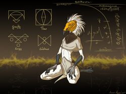  2017 4:3 4_eyes 4_fingers abstract_background accipitrid accipitriform ambiguous_gender anthro ascar_angainor avian beak biped bird bottomwear closed_eyes clothed clothing constructed_language crosslegged_pose egyptian_vulture english_text feet fictional_language fingers hair loincloth meditation multi_eye navel neophron old_world_vulture sitting solo talons text toes vulture white_hair 