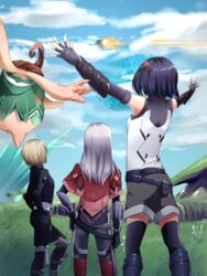  3girls aburai_yui black_footwear black_hair blonde_hair boots commentary_request day elma_(xenoblade_x) from_behind grey_hair irina_akulov lin_lee_koo mecha multiple_girls nopon outdoors robot skell_(xenoblade_x) sky tatsu_(xenoblade_x) white_hair xenoblade_chronicles_(series) xenoblade_chronicles_x 