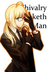  adjusting_eyewear ahoge artoria_pendragon_(fate) bad_id bad_pixiv_id bespectacled black_gloves blonde_hair closed_umbrella fate/zero fate_(series) female glasses gloves green_eyes highres jisue10 kingsman:_the_secret_service long_hair parody ponytail reverse_trap saber_(fate) solo umbrella 