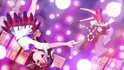  2girls ascot black_hair bow brown_hair danmaku detached_sleeves double_dealing_character gameplay_mechanics gohei grin hair_tubes hairbow hakurei_reimu horns kijin_seija multicolored_hair multiple_girls nama_shirasu red_eyes shining_needle_castle shoes short_hair skirt small_horns smile touhou two-tone_hair white_hair white_horns 