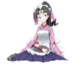  apron black_eyes black_hair bwell commentary_request female frown full_body gyakuten_saiban hair_intakes hair_ribbon japanese_clothes jinxie_tenma looking_at_viewer maid_headdress medium_hair ofuda phoenix_wright:_ace_attorney_-_dual_destinies ponytail ribbon simple_background sitting solo thick_eyebrows tray white_background wide_sleeves 