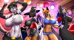  2018 5_fingers absurd_res amy_&quot;river&quot;_lewis_(lildredre) anthro beret big_breasts bird_dog black_body black_fur black_hair black_nose blue_eyes blue_hair bottomwear boxer_(disambiguation) boxing_gloves breasts brown_body brown_eyes brown_fur canid canine canis chloe_lockhart_(lildredre) cleavage clothed clothing curvy_figure dancing digital_media_(artwork) domestic_cat domestic_dog eyewear felid feline felis female fingers fur german_shepherd glasses golden_retriever group hair halloween handwear hat headgear headwear herding_dog hi_res holidays hunting_dog husky looking_at_viewer magic_user mammal midriff miniskirt monique_bellemare_(lildredre) morticia_addams navel nordic_sled_dog pak009 pastoral_dog retriever siberian_husky skirt smile sonya_blade spitz the_addams_family tight_clothing topwear tracy_mcallister_(lildredre) tube_top voluptuous white_body white_fur wide_hips witch witch_hat 